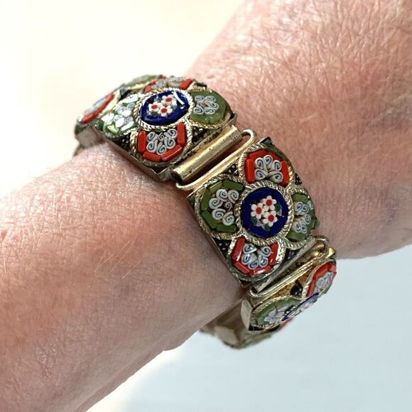 Vintage Italian Micro Mosaic Bracelet Floral Millefiori Glass Link Panel Jewelry - Picture 5 of 16